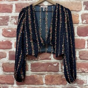 BCBG Generation Crop Top Women's M Ditsy Floral Striped Peasant Sleeve Shirt